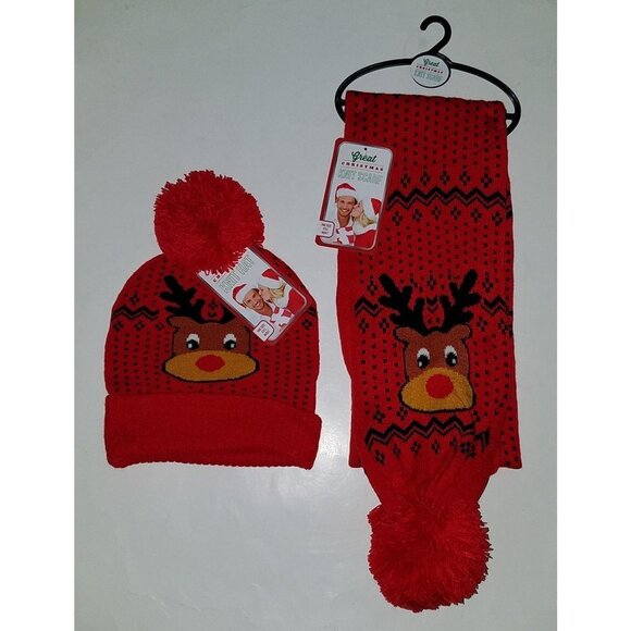 NWT Rudolph the Red Nosed Reindeer Knit Hat Matching Scarf OSFM Great Christmas - Picture 1 of 8